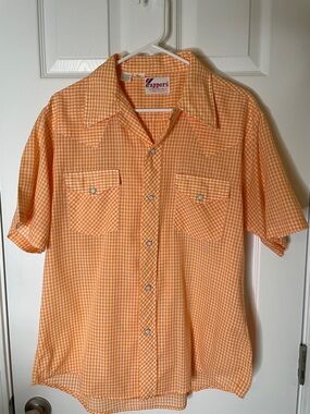 Western Casual Orange Gingham Short-Sleeve Button-Down Shirt Rappers Brand